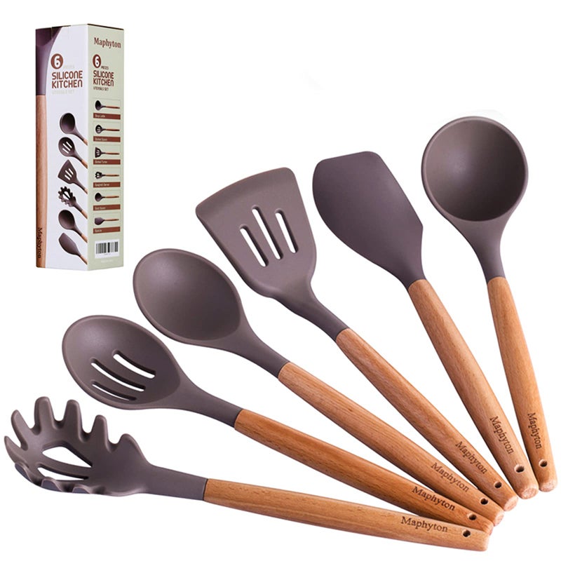 Maphyton Mapthon Silicone Cooking Kitchen Utensils Set 6 PCS with Wooden Handle for Non-Sticker Cookware Heat-Resistant Kitchen Gadgets Serving Spoons, Slotted Turner, Spatula, Spaghetti Server(Grey) - Image 1
